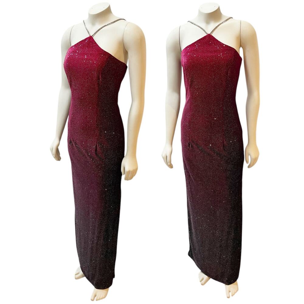 Dave and Johnny by Laura Ryner Red Burgundy Ombré Glitter Crystal Neck Gown 3/4
